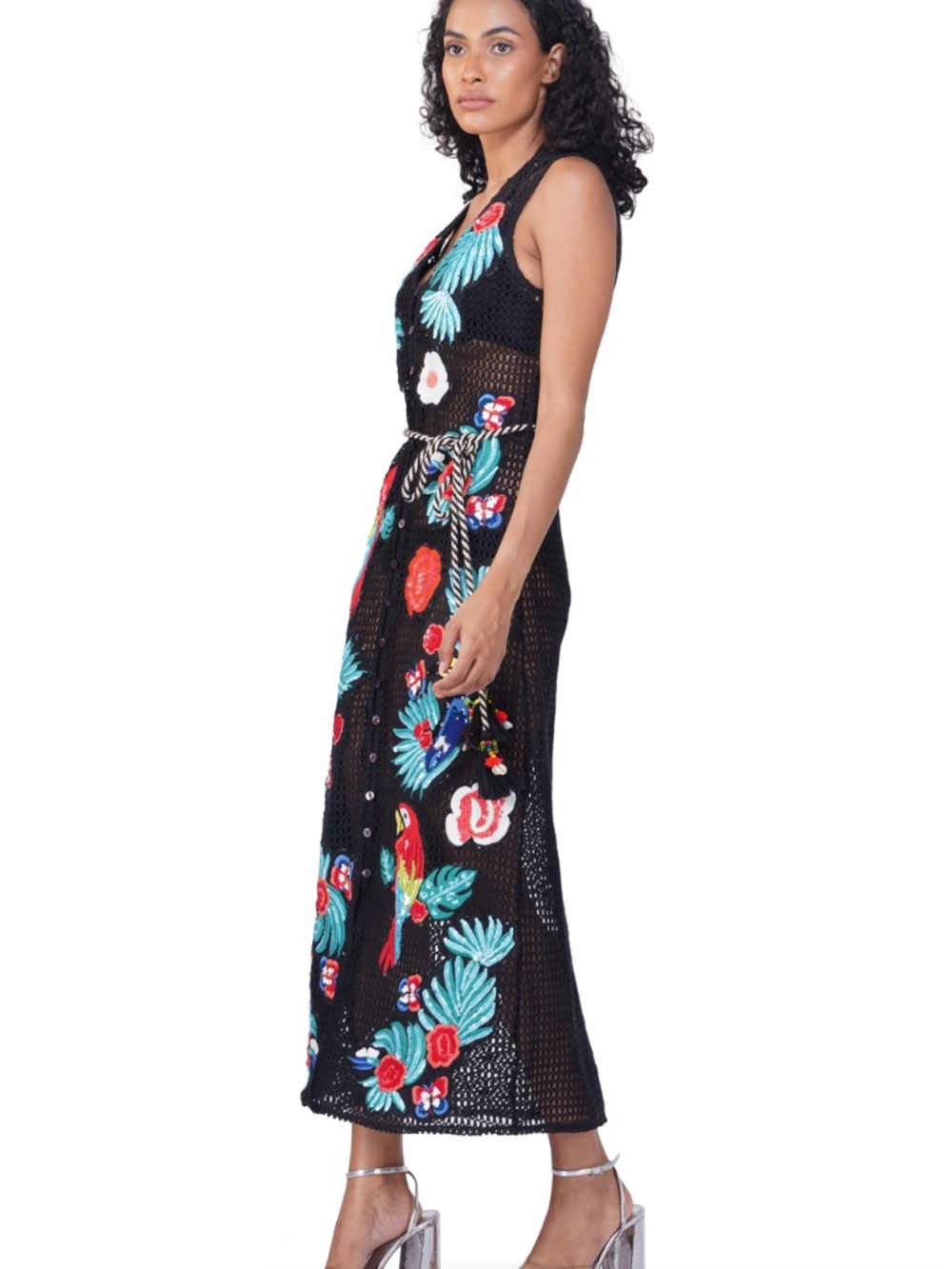 America & Beyond Black Embroidered Maxi Dress with Tropical Embroidered Parrots - Picture 2 of 5